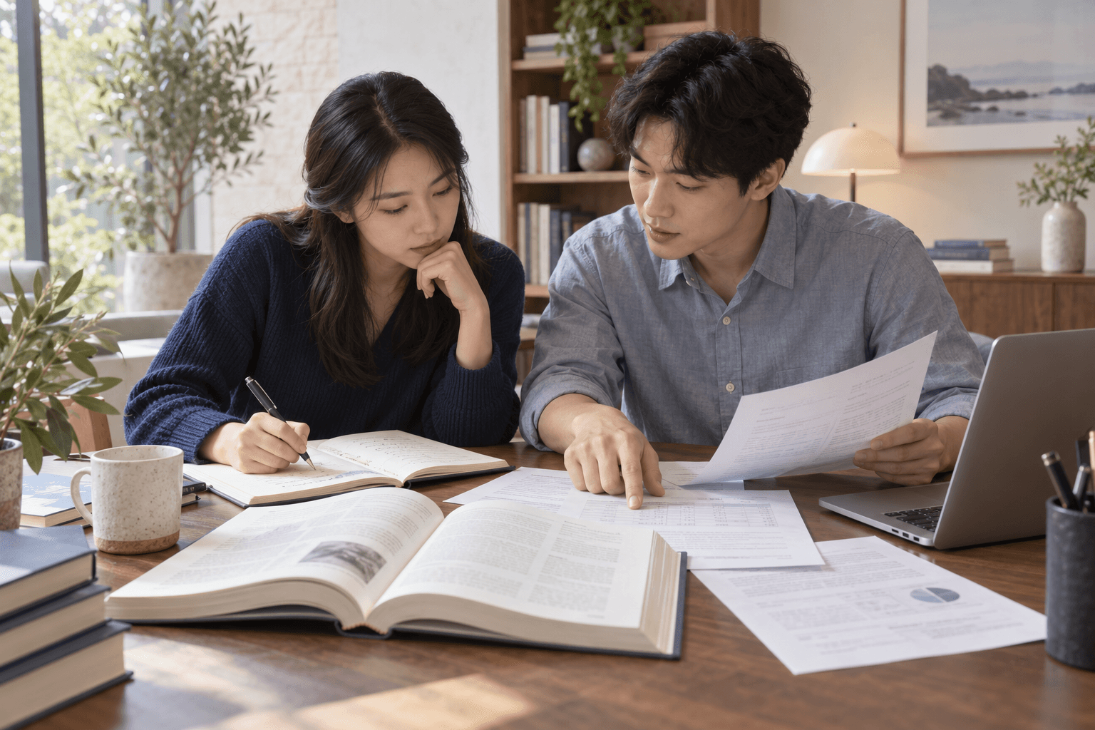 자료와 노트를 대조하며 금융을 공부하는 콘셉트 장면