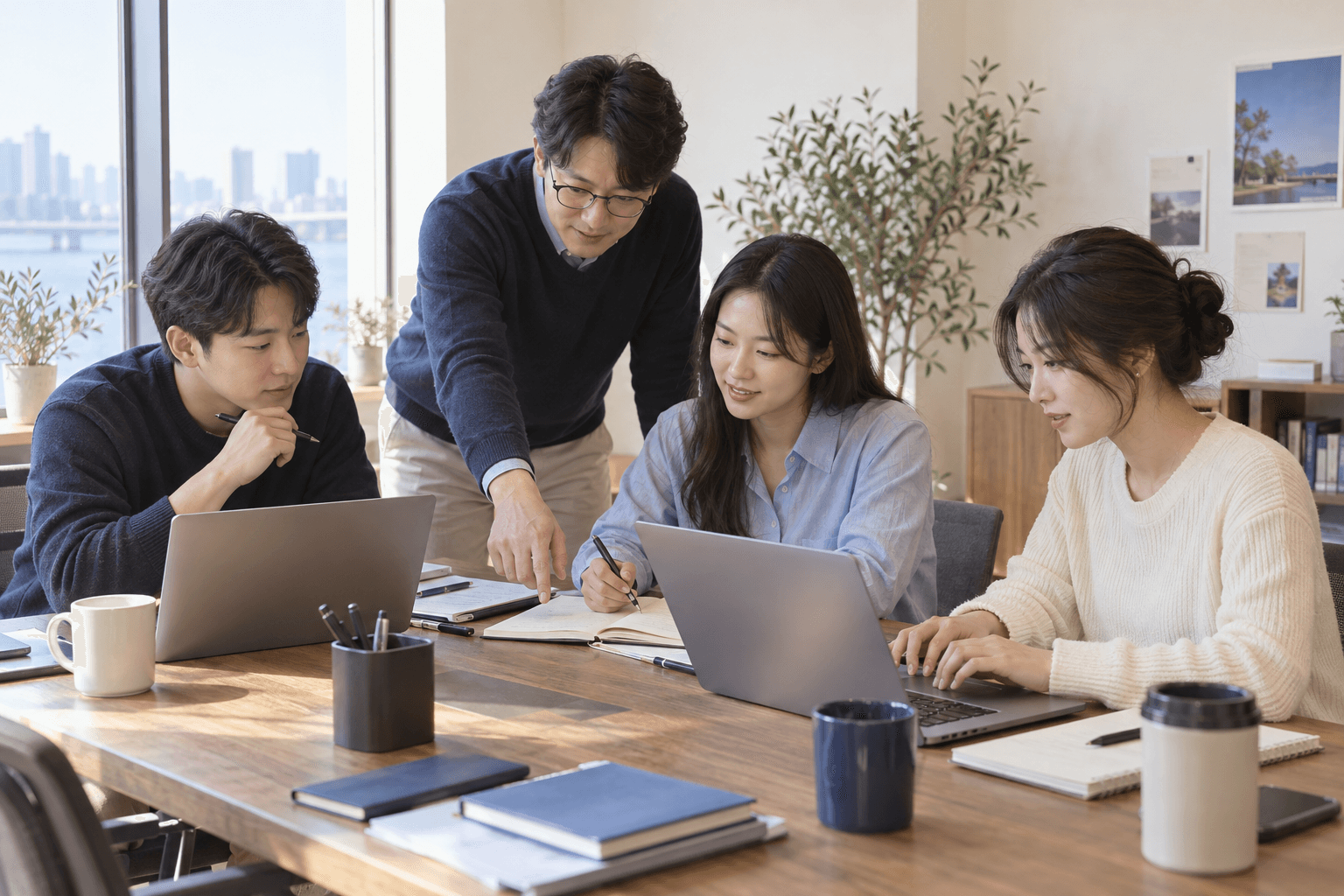 노트북을 놓고 함께 실습하는 기업교육 콘셉트