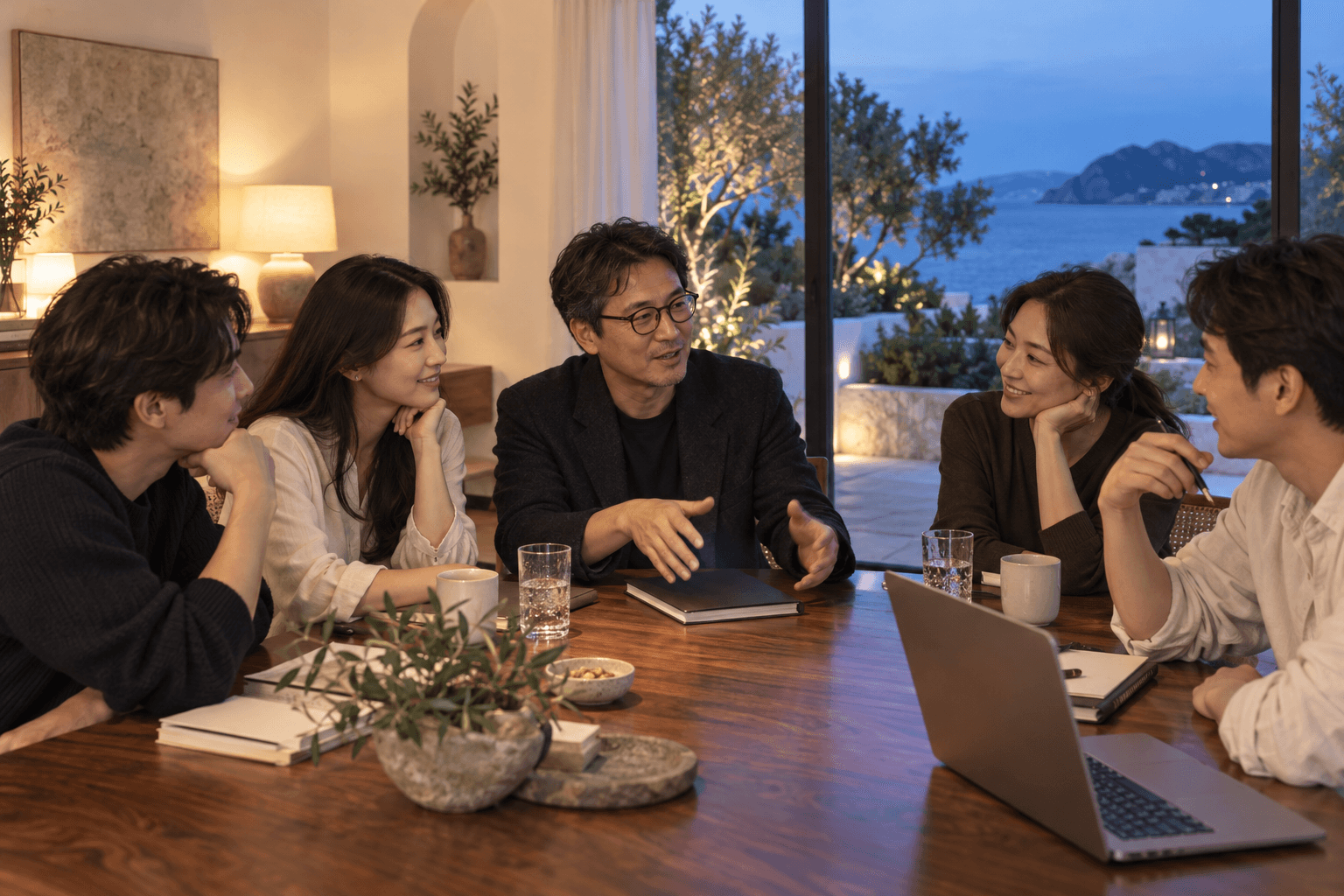 테이블에 둘러앉아 이야기를 나누는 네트워킹 콘셉트 장면